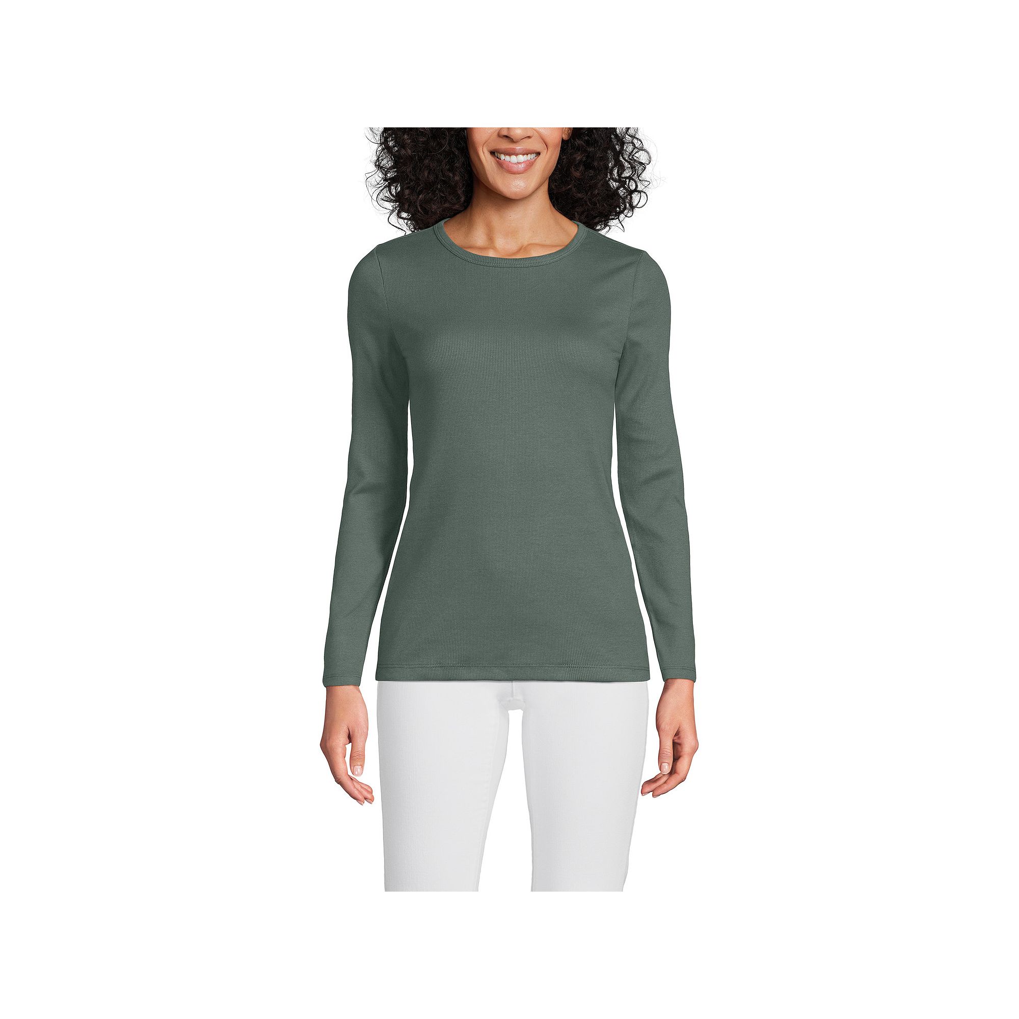 Womens Lands End Micro Rib Tee, Size: Medium, Green