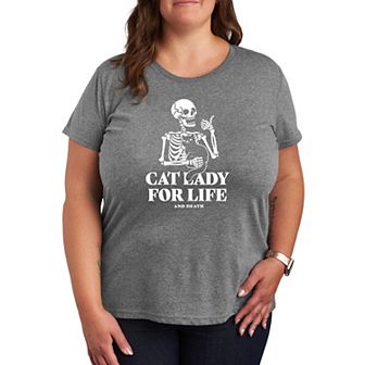 Plus Size Cat Lady For Life Skeleton Graphic Tee
