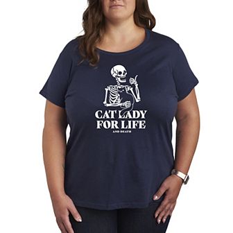 Plus Size Cat Lady For Life Skeleton Graphic Tee