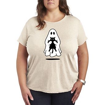 Plus Size Ghost Holding Black Cat Graphic Tee