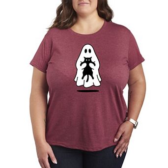 Plus Size Ghost Holding Black Cat Graphic Tee