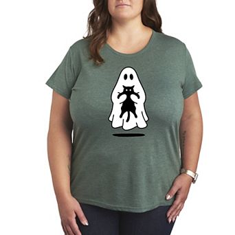Plus Size Ghost Holding Black Cat Graphic Tee