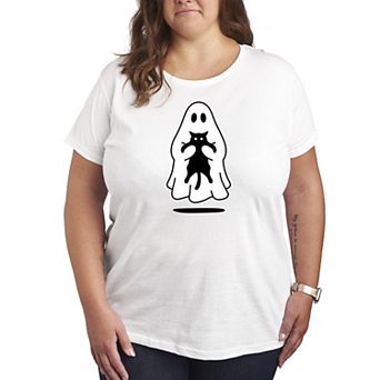 Plus Size Ghost Holding Black Cat Graphic Tee