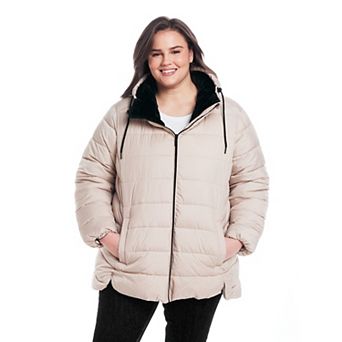Plus Size Weathercast Hooded Puffer Coat with Cozy Pile