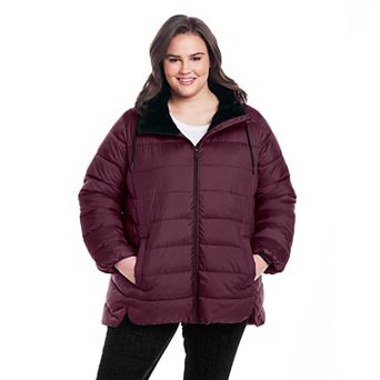 Plus Size Weathercast Hooded Puffer Coat with Cozy Pile