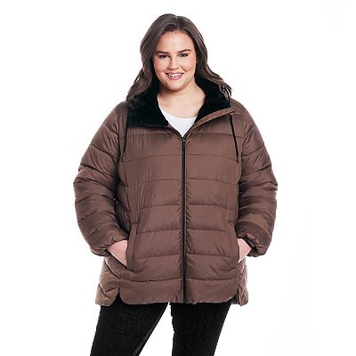 Plus Size Weathercast Hooded Puffer Coat with Cozy Pile