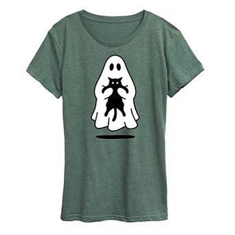 Women's Ghost Holding Black Cat Graphic Tee