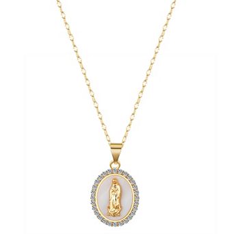 Gratitude & Grace 14k Gold Flash Plated Cubic Zirconia & Mother-of-Pearl Virgin Mary Pendant Necklace