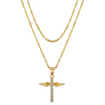 Gratitude & Grace 14k Gold Flash Plated Crystal Cross with Wings Layered Pendant Necklace