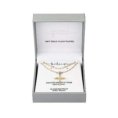 Gratitude & Grace 14k Gold Flash Plated Crystal Cross with Wings Layered Pendant Necklace