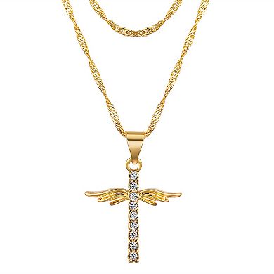 Gratitude & Grace 14k Gold Flash Plated Crystal Cross with Wings Layered Pendant Necklace