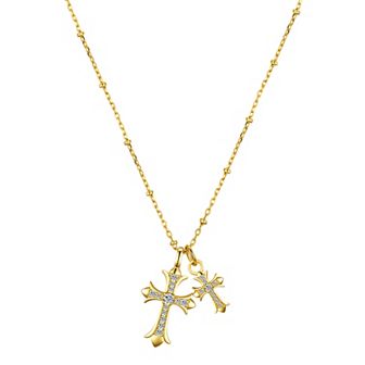 Gratitude & Grace 14k Gold Flash Plated Cubic Zirconia Double Cross Charm Pendant Necklace