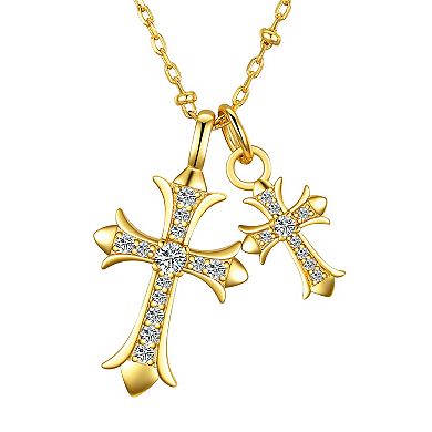 Gratitude & Grace 14k Gold Flash Plated Cubic Zirconia Double Cross Charm Pendant Necklace