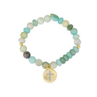 Love This Life® 14k Gold Flash Plated Cubic Zirconia Cross & Amazonite Stretch Bracelet
