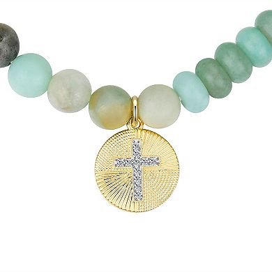 Love This Life® 14k Gold Flash Plated Cubic Zirconia Cross & Amazonite Stretch Bracelet