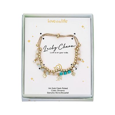 Love This Life 14k Gold Plated Cubic Zirconia Elephant Clover Beaded Adjustable Bracelet