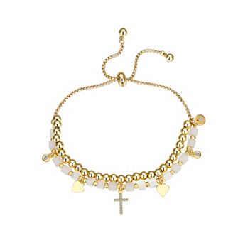 Love This Life 14k Gold Plated Cubic Zirconia Cross & Heart Beaded Adjustable Bracelet