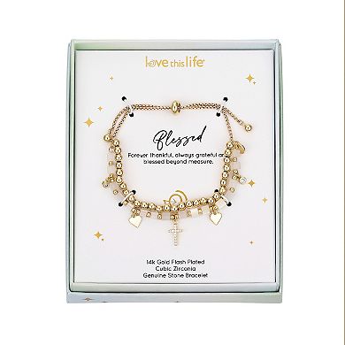 Love This Life 14k Gold Plated Cubic Zirconia Cross & Heart Beaded Adjustable Bracelet