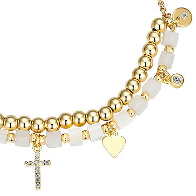 Love This Life 14k Gold Plated Cubic Zirconia Cross & Heart Beaded Adjustable Bracelet