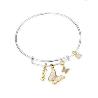 Love This Life Two-Tone Cubic Zirconia & Mother of Pearl Butterfly Bangle Bracelet