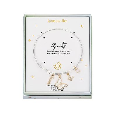 Love This Life Two-Tone Cubic Zirconia & Mother of Pearl Butterfly Bangle Bracelet