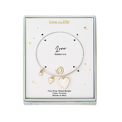 Love This Life Two-Tone Cubic Zirconia & Mother of Pearl Heart Bangle Bracelet