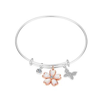 Love This Life Two-Tone Cubic Zirconia Butterfly & Mother of Pearl Flower Bangle Bracelet