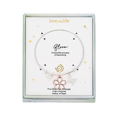 Love This Life Two-Tone Cubic Zirconia Butterfly & Mother of Pearl Flower Bangle Bracelet