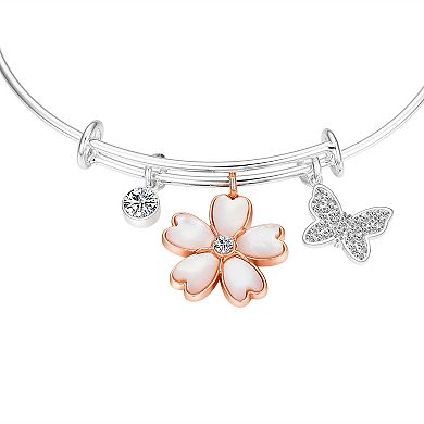 Love This Life Two-Tone Cubic Zirconia Butterfly & Mother of Pearl Flower Bangle Bracelet