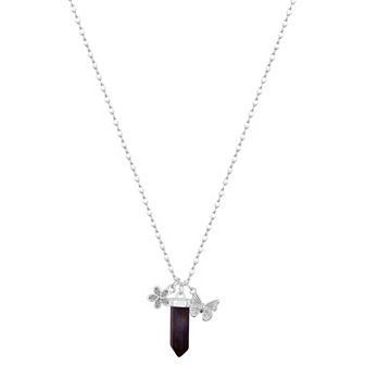 Love This Life® Fine Silver Plated Cubic Zirconia Flower & Amethyst Butterfly Charm Pendant Necklace