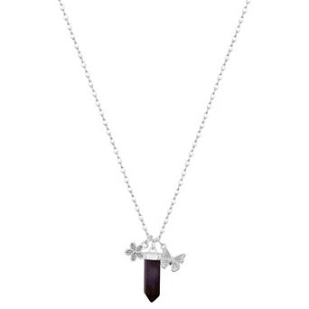 Love This Life® Fine Silver Plated Cubic Zirconia Flower & Amethyst Butterfly Charm Pendant Necklace