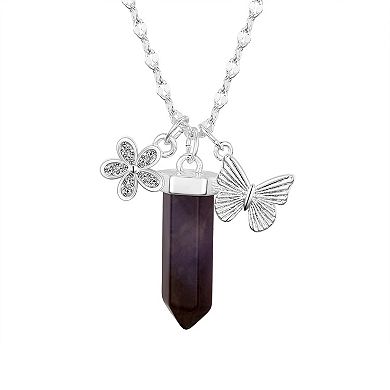 Love This Life® Fine Silver Plated Cubic Zirconia Flower & Amethyst Butterfly Charm Pendant Necklace