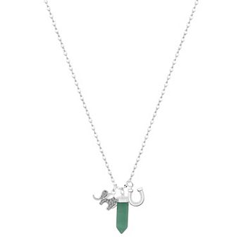 Love This Life® Fine Silver Plated Cubic Zirconia Elephant, Green Aventurine & Horseshoe Charm Pendant Necklace