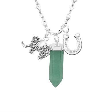 Love This Life® Fine Silver Plated Cubic Zirconia Elephant, Green Aventurine & Horseshoe Charm Pendant Necklace