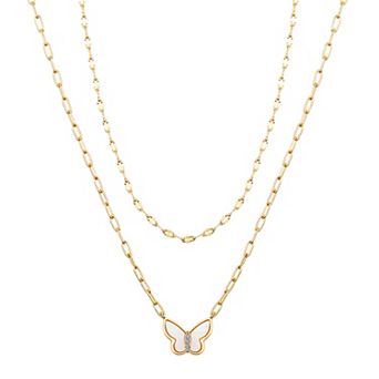 Love This Life® 14k Gold Flash Plated Cubic Zirconia & Mother-of-Pearl Butterfly Layered Necklace Duo Set