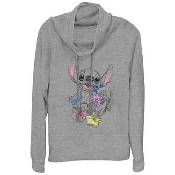 Disney's Lilo & Stitch Floral Sketch Women's Cowlneck Graphic Lightweight Long Sleeve