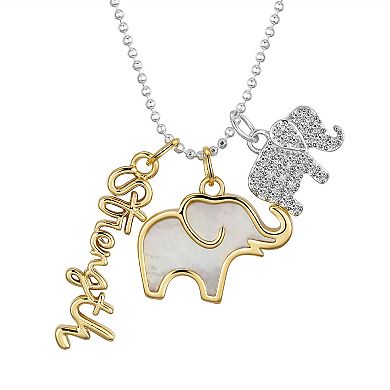 Brilliance 14k Gold and Fine Silver Cubic Zirconia and Mother-of-Pearl Elephant "Strength" Charm Pendant Necklace