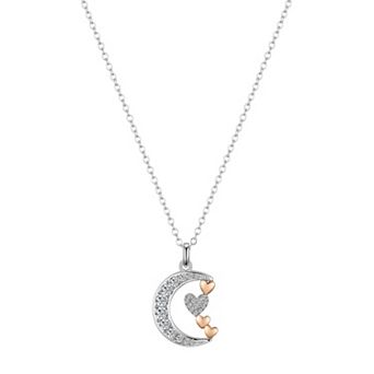 Brilliance 14k Rose Gold and Fine Silver Crystal Moon Heart Pendant Necklace