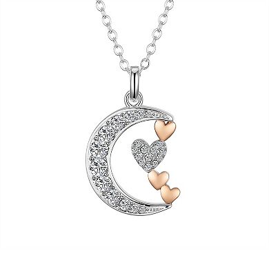Brilliance 14k Rose Gold and Fine Silver Crystal Moon Heart Pendant Necklace
