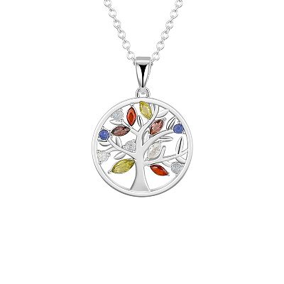 Brilliance Fine Silver Multi Color Cubic Zirconia Family Tree Pendant Necklace and Stud Earring Set