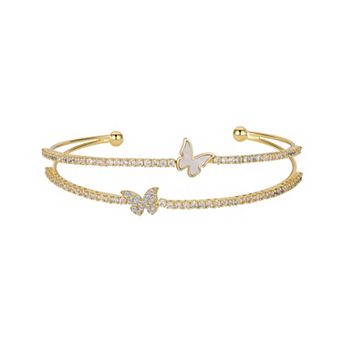 Brilliance 14k Gold Cubic Zirconia and Mother-of-Pearl Butterfly Cuff Bracelet