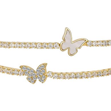 Brilliance 14k Gold Cubic Zirconia and Mother-of-Pearl Butterfly Cuff Bracelet