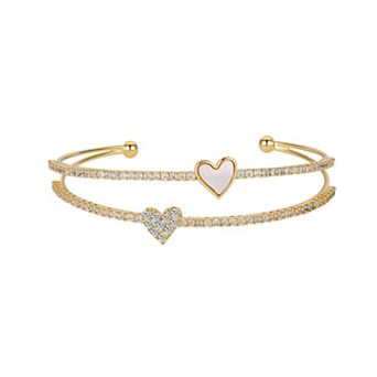 Brilliance 14k Gold Cubic Zirconia and Mother-of-Pearl Heart Cuff Bracelet
