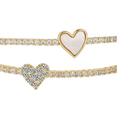 Brilliance 14k Gold Cubic Zirconia and Mother-of-Pearl Heart Cuff Bracelet
