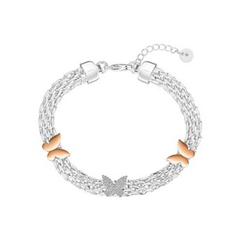 Brilliance 14k Rose Gold and Fine Silver Cubic Zirconia Triple Butterfly Pendant Bracelet