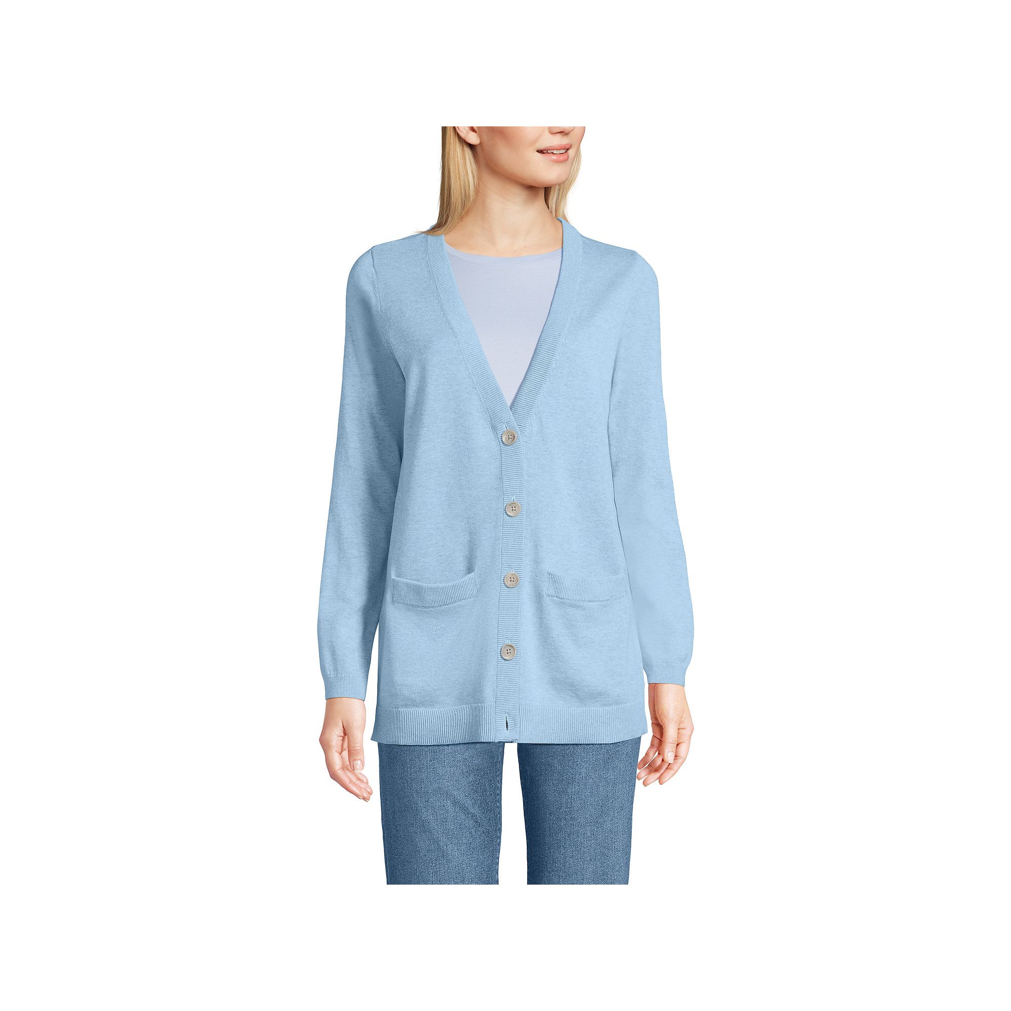 Womens Lands End Cotton V-Neck Cardigan Sweater, Size: Small, Pale Blue G