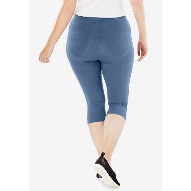 Woman Within Plus Size Petite Stretch-Cotton Knit Pull-On Capri Leggings