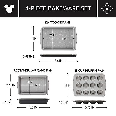 Farberware Disney Bake with Mickey Mouse Cake, Muffin, and Cookie Pan 4-Piece Set, Black