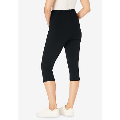 Woman Within Plus Size Stretch-Cotton Knit Pull-On Pocket Capri Leggings