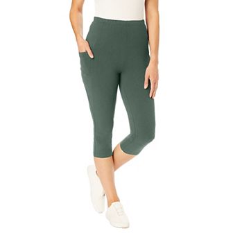 Woman Within Plus Size Stretch-Cotton Knit Pull-On Pocket Capri Leggings